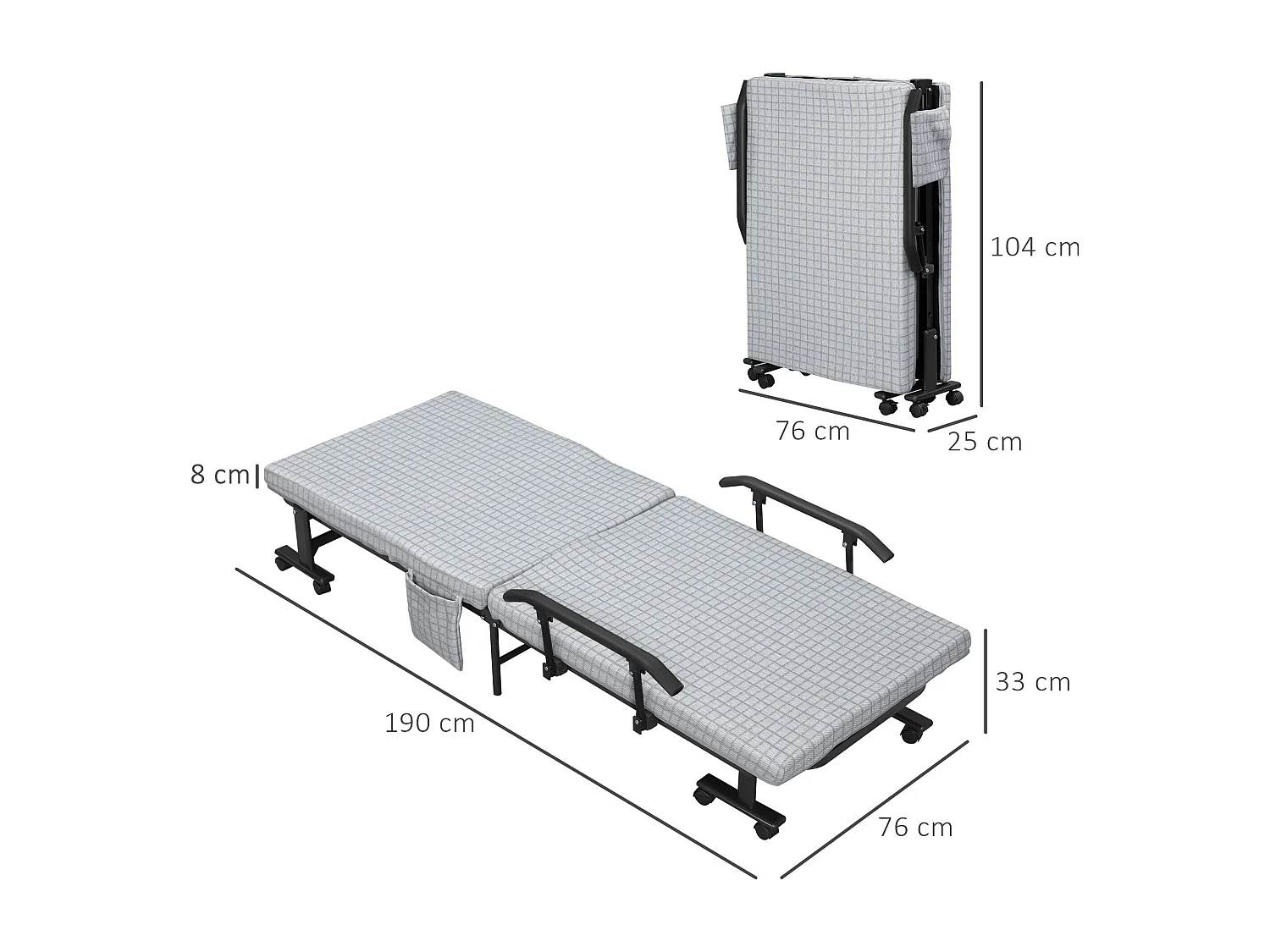 Lit d'appoint pliant 190x76x33cm in acciaio con roulette e dossier regolabile, grigio chiaro e nero