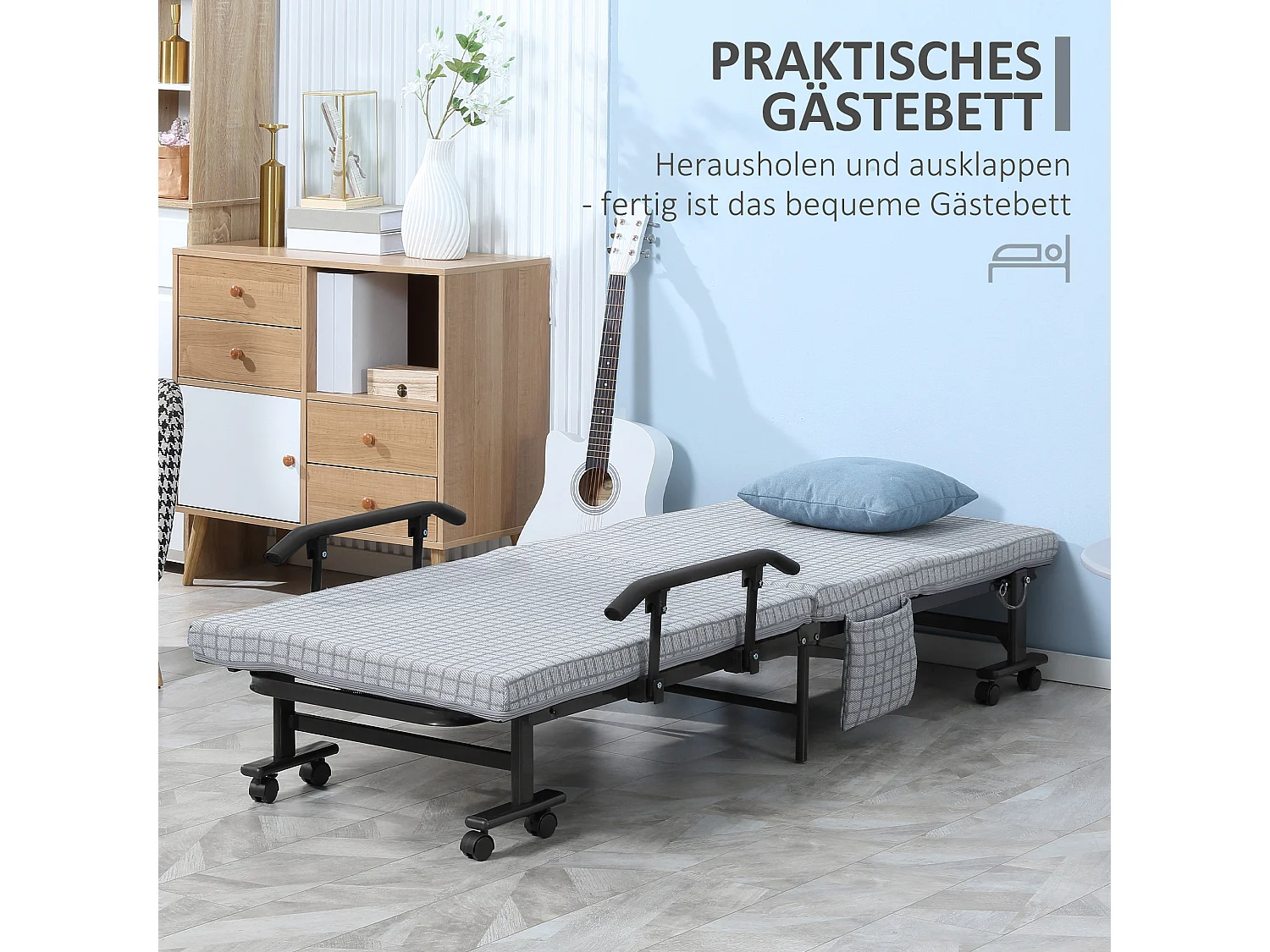 Lit d'appoint pliant 190x76x33cm in acciaio con roulette e dossier regolabile, grigio chiaro e nero