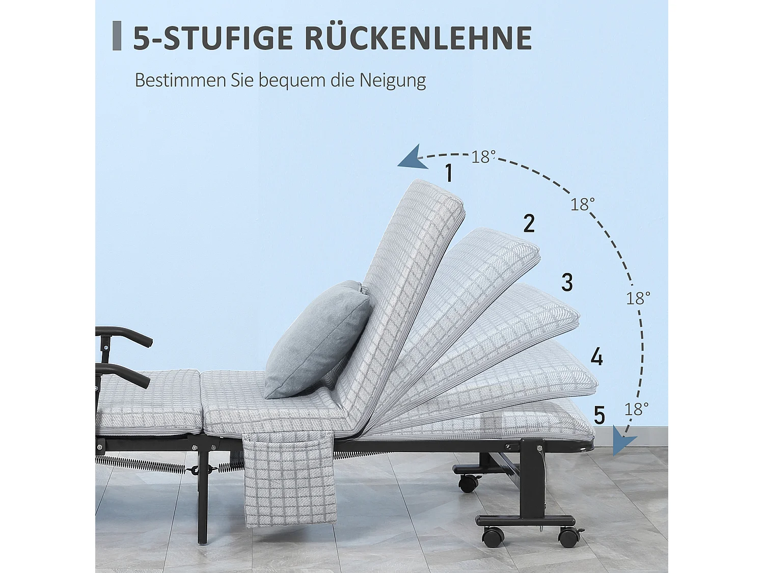 Lit d'appoint pliant 190x76x33cm in acciaio con roulette e dossier regolabile, grigio chiaro e nero