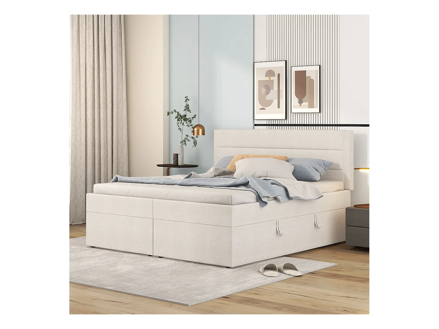 Lit double 140x200 tissu con rangement grand coffre et cadre métal beige