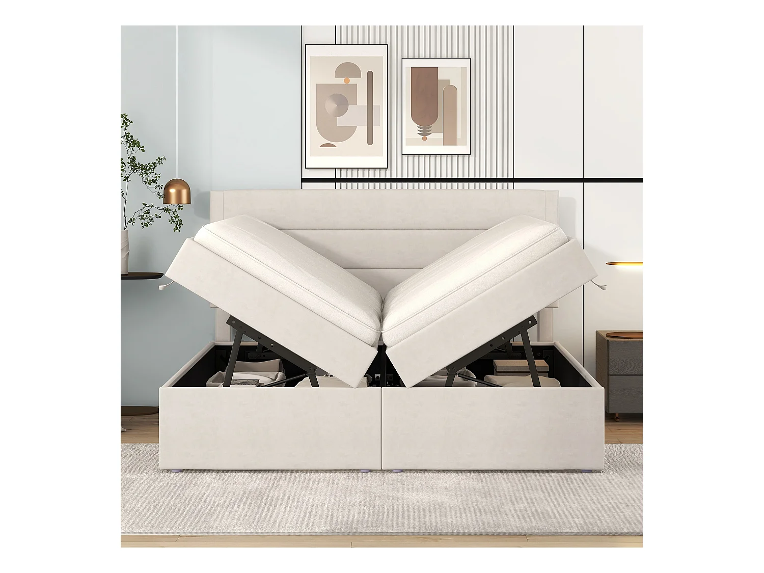 Lit double 140x200 tissu con rangement grand coffre et cadre métal beige