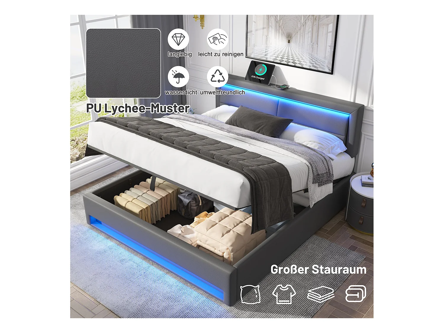 Cama tapizada 160x200 PU gris con LED, puertos USB y práctico almacenaje para adultos