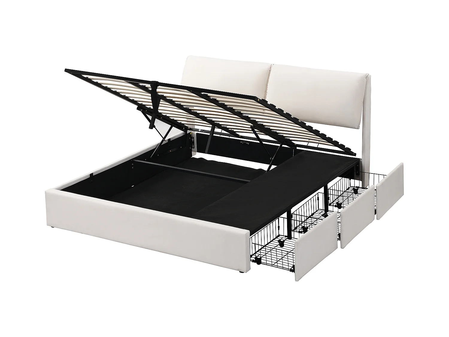 Lit double 180x200 beige in velluto con cassettone idraulico, cassetti e tête de lit