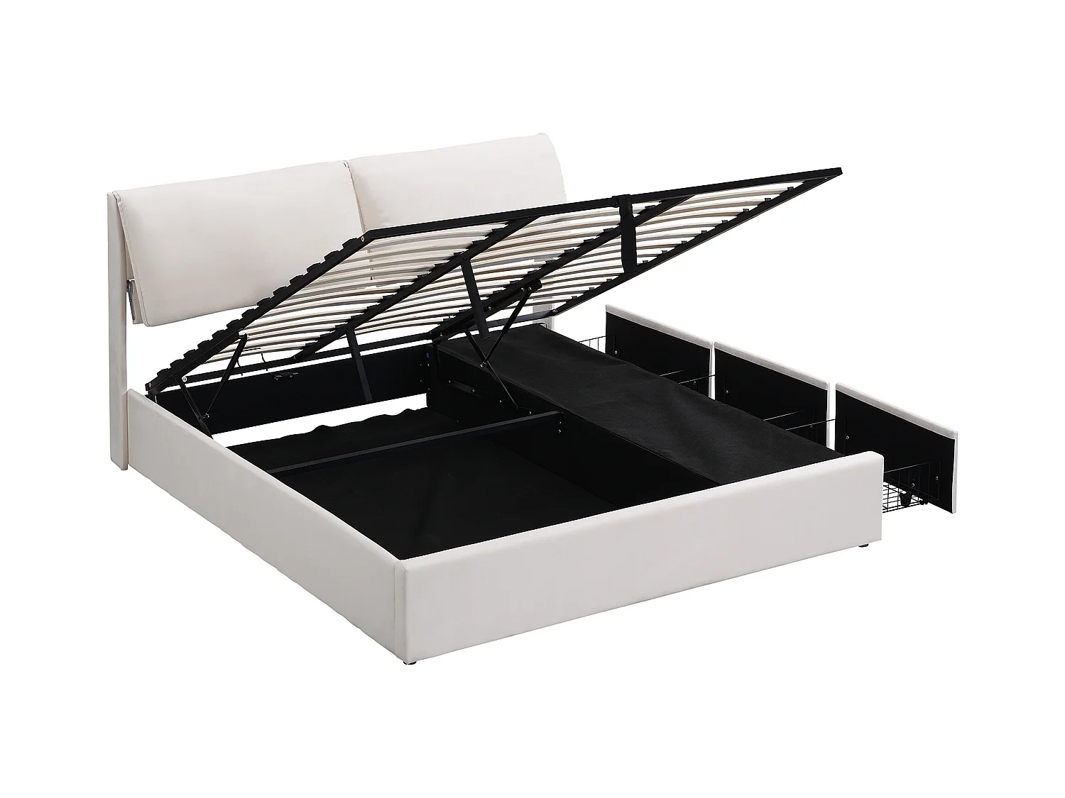 Lit double 180x200 beige in velluto con cassettone idraulico, cassetti e tête de lit