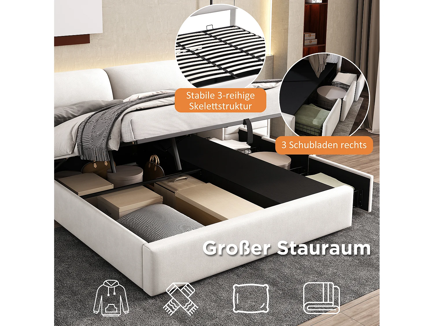 Lit double 180x200 beige in velluto con cassettone idraulico, cassetti e tête de lit