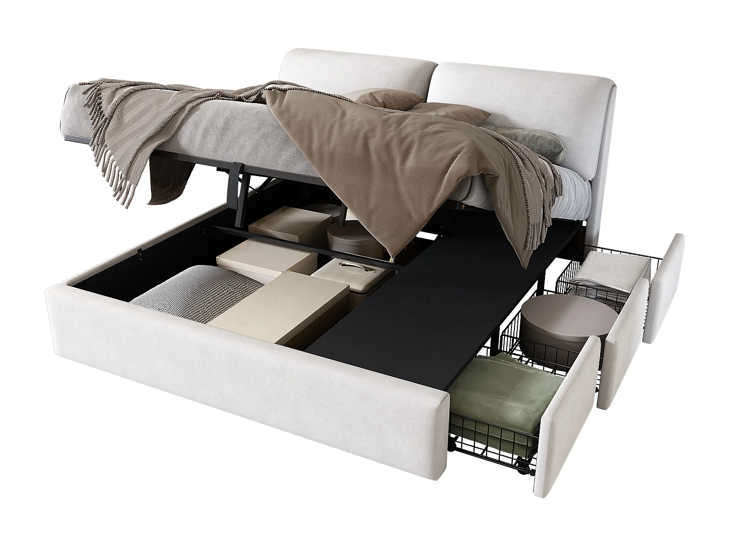 Lit double 180x200 beige in velluto con cassettone idraulico, cassetti e tête de lit