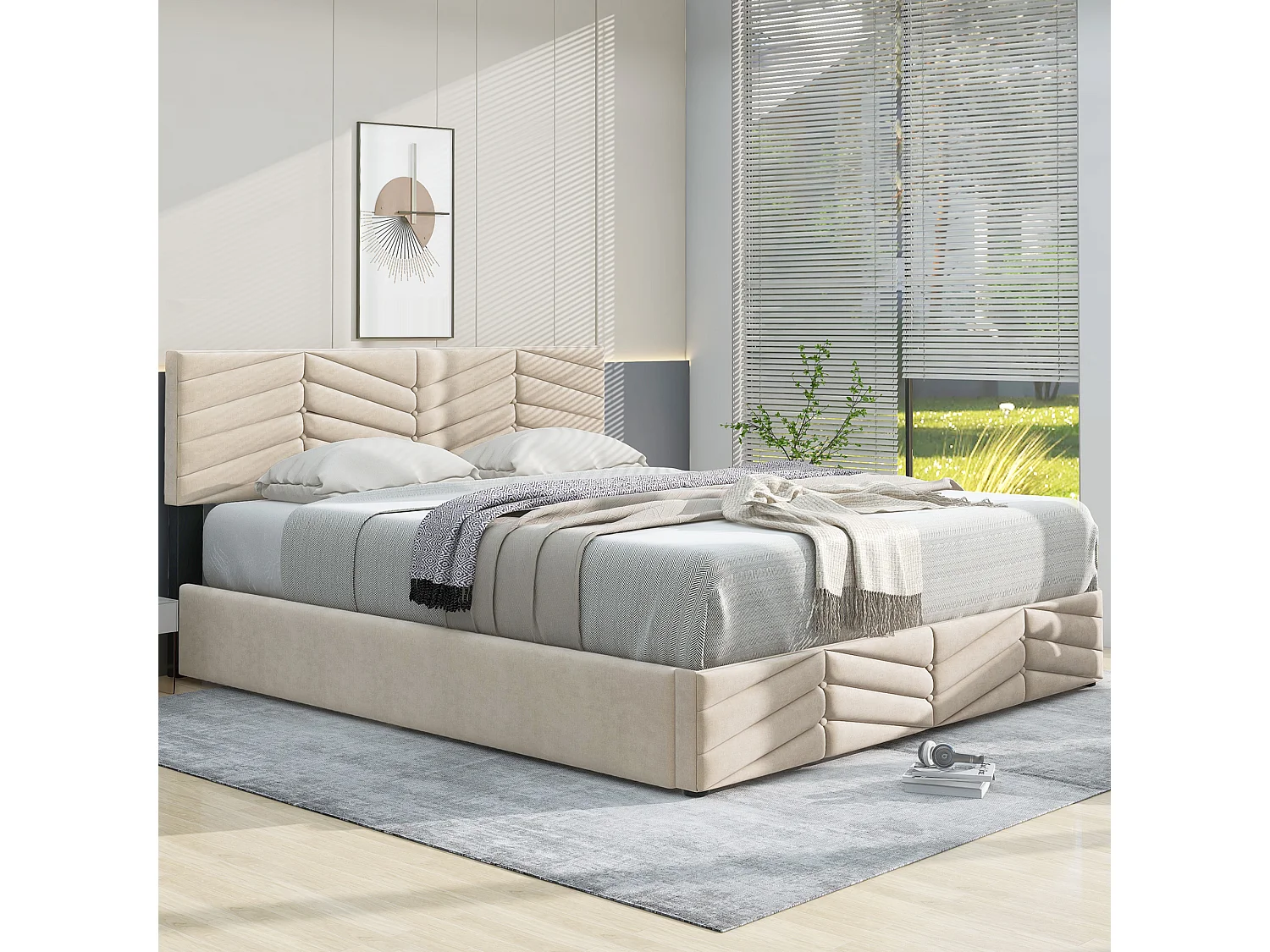 Cama de casal 140x200 cm em veludo bege com cabeceira ajustável e estrado de ripas