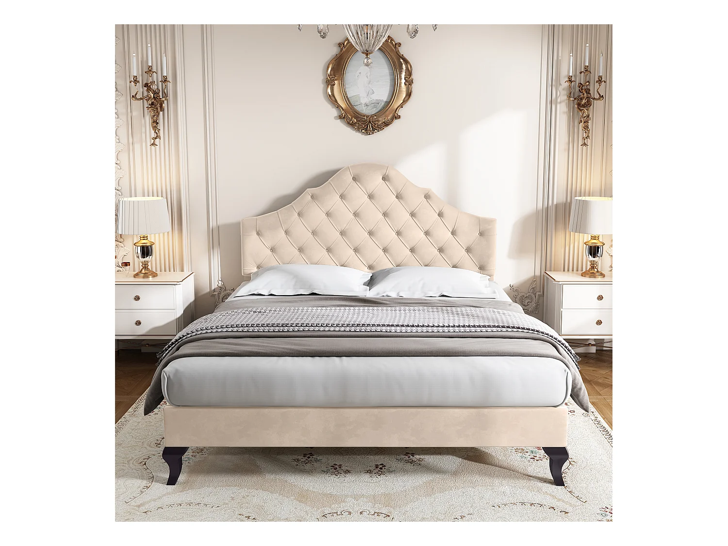 Lit capitonné velluto 140x190 cm beige con sommier à lattes et tête de lit réglable