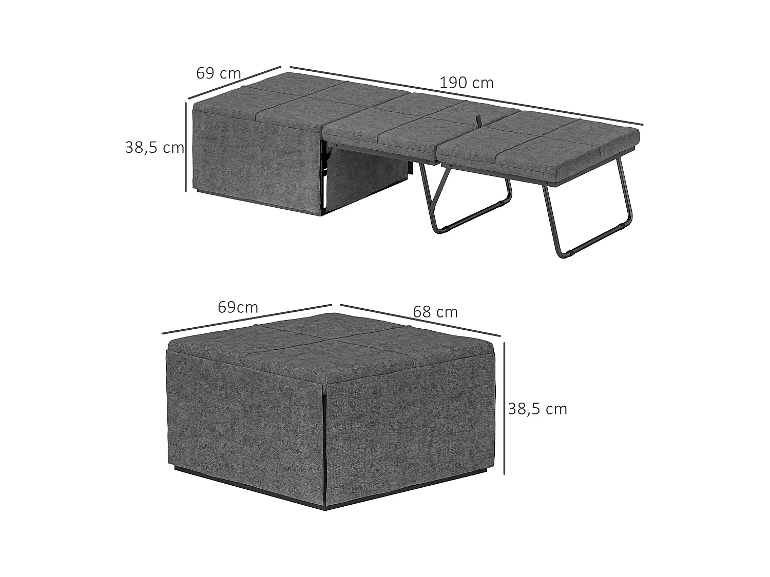 Cama plegable para invitados 190x60 cm de metal y espuma de 8 cm, para adultos, plegable, color gris