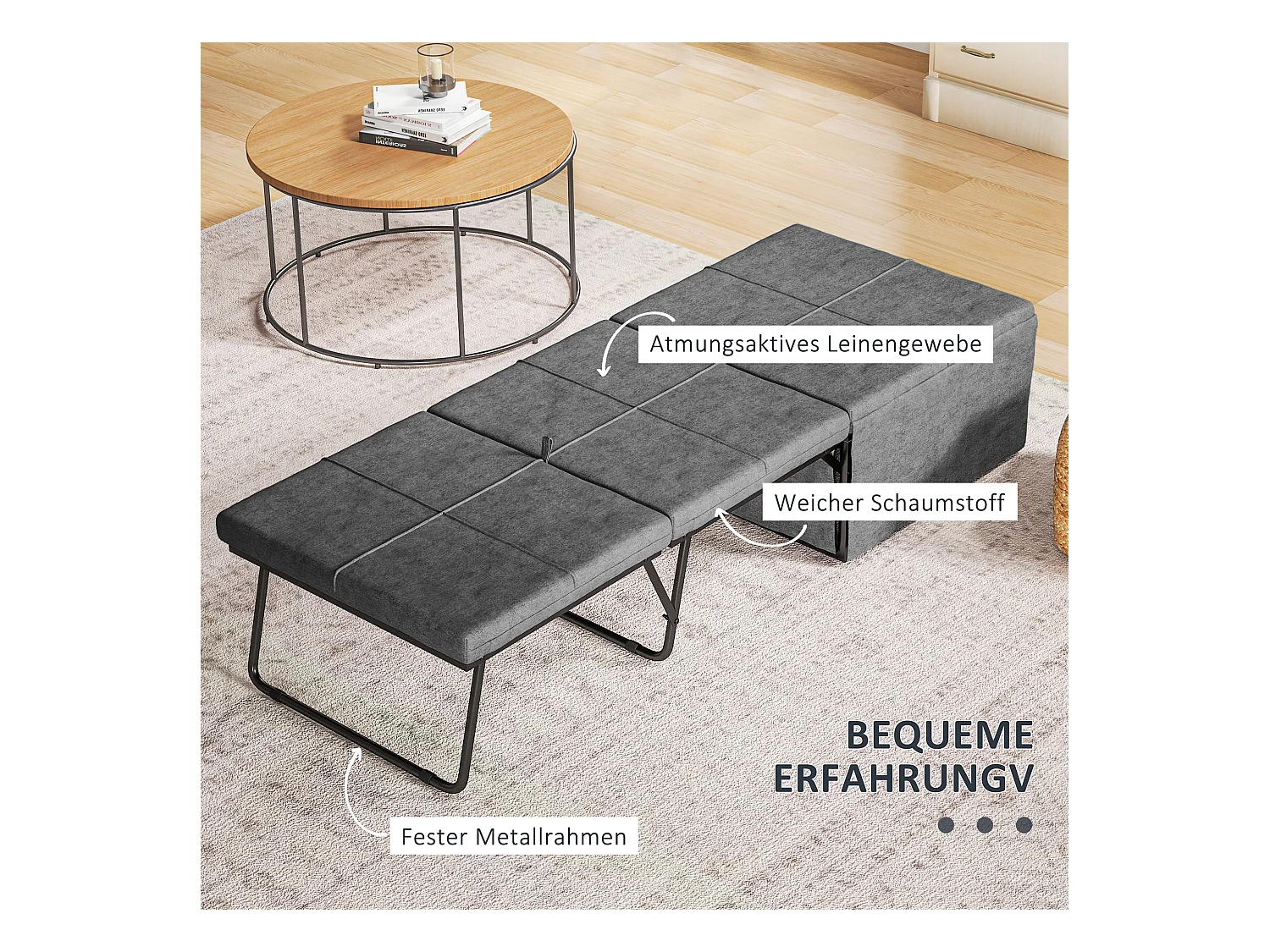 Cama plegable para invitados 190x60 cm de metal y espuma de 8 cm, para adultos, plegable, color gris