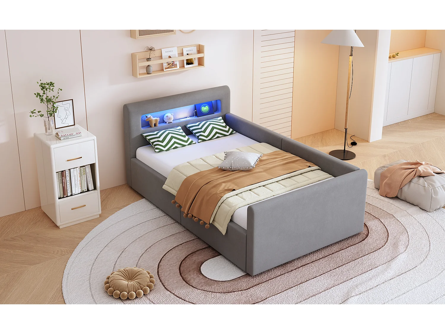 Cama infantil 90x200 cm terciopelo gris claro LED USB multifunción almacenaje hidráulico