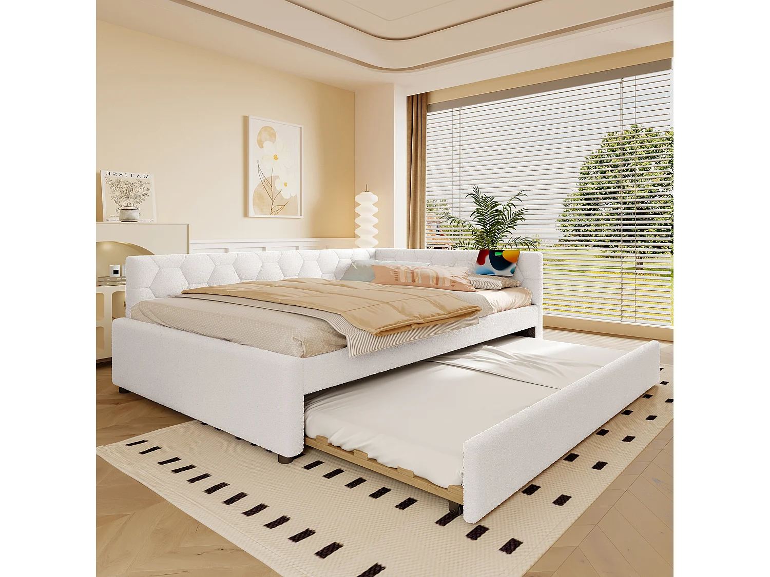 Cama nido 140x200 cm Vliesimitat con cajón extensible, lámpara integrada, USB y Tipo-C, color blanco