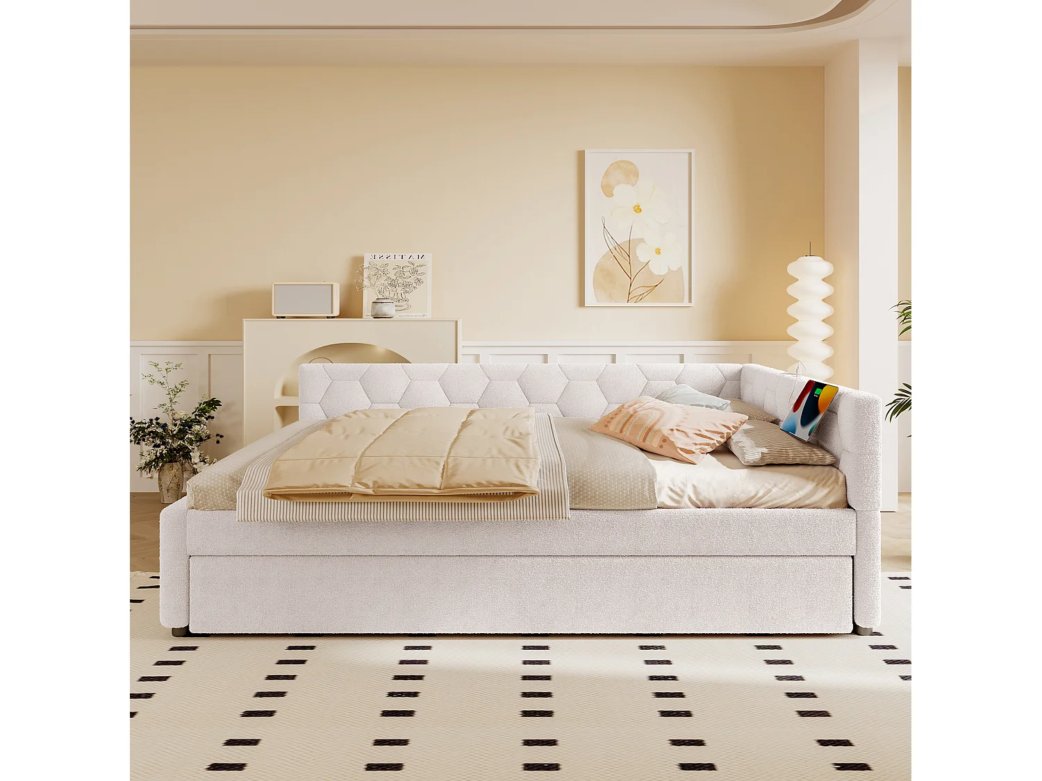 Cama nido 140x200 cm Vliesimitat con cajón extensible, lámpara integrada, USB y Tipo-C, color blanco