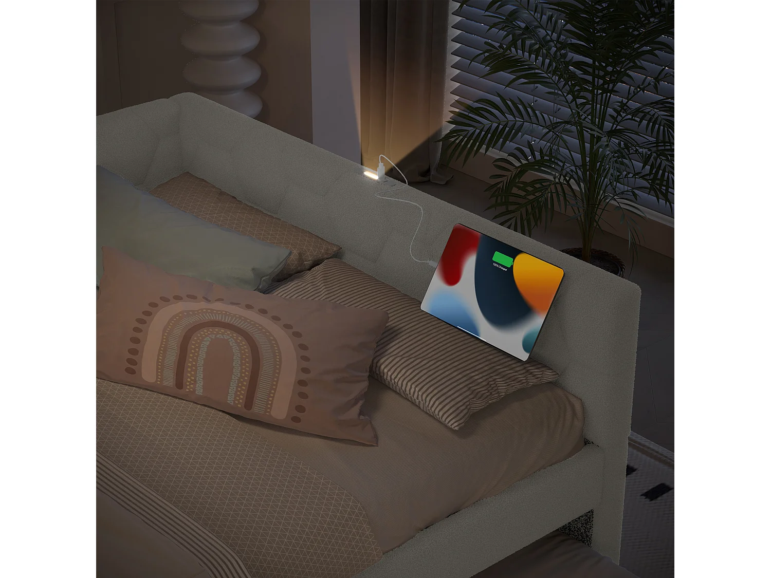 Cama nido 140x200 cm Vliesimitat con cajón extensible, lámpara integrada, USB y Tipo-C, color blanco