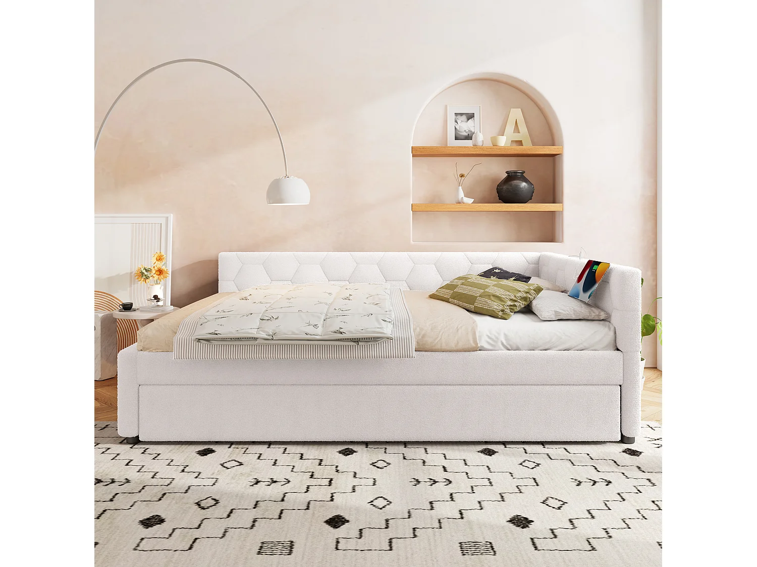 Cama nido 140x200 cm Vliesimitat con cajón extensible, lámpara integrada, USB y Tipo-C, color blanco