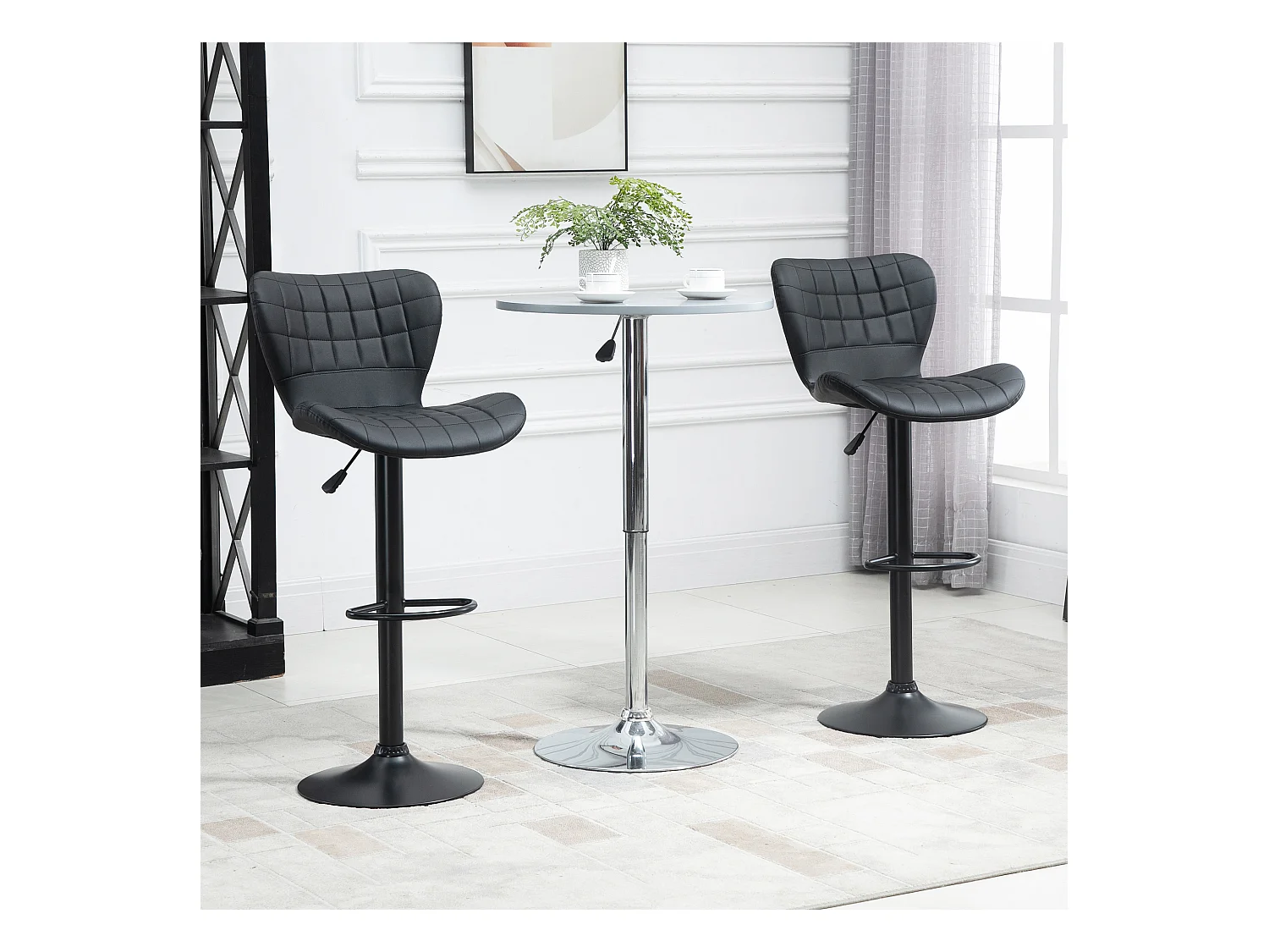 Bancos altos ajustáveis de 2 peças em couro sintético preto, giratórios, estilo retrô, com encosto 47x51,5x89-109 cm