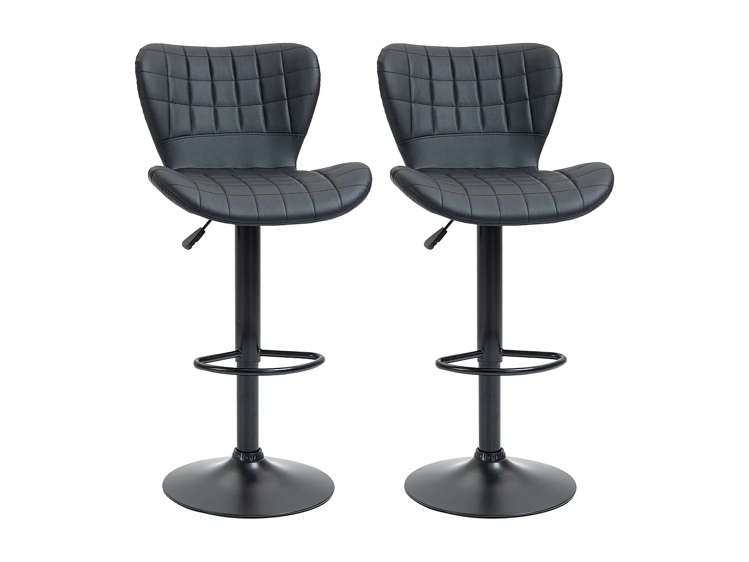 Bancos altos ajustáveis de 2 peças em couro sintético preto, giratórios, estilo retrô, com encosto 47x51,5x89-109 cm