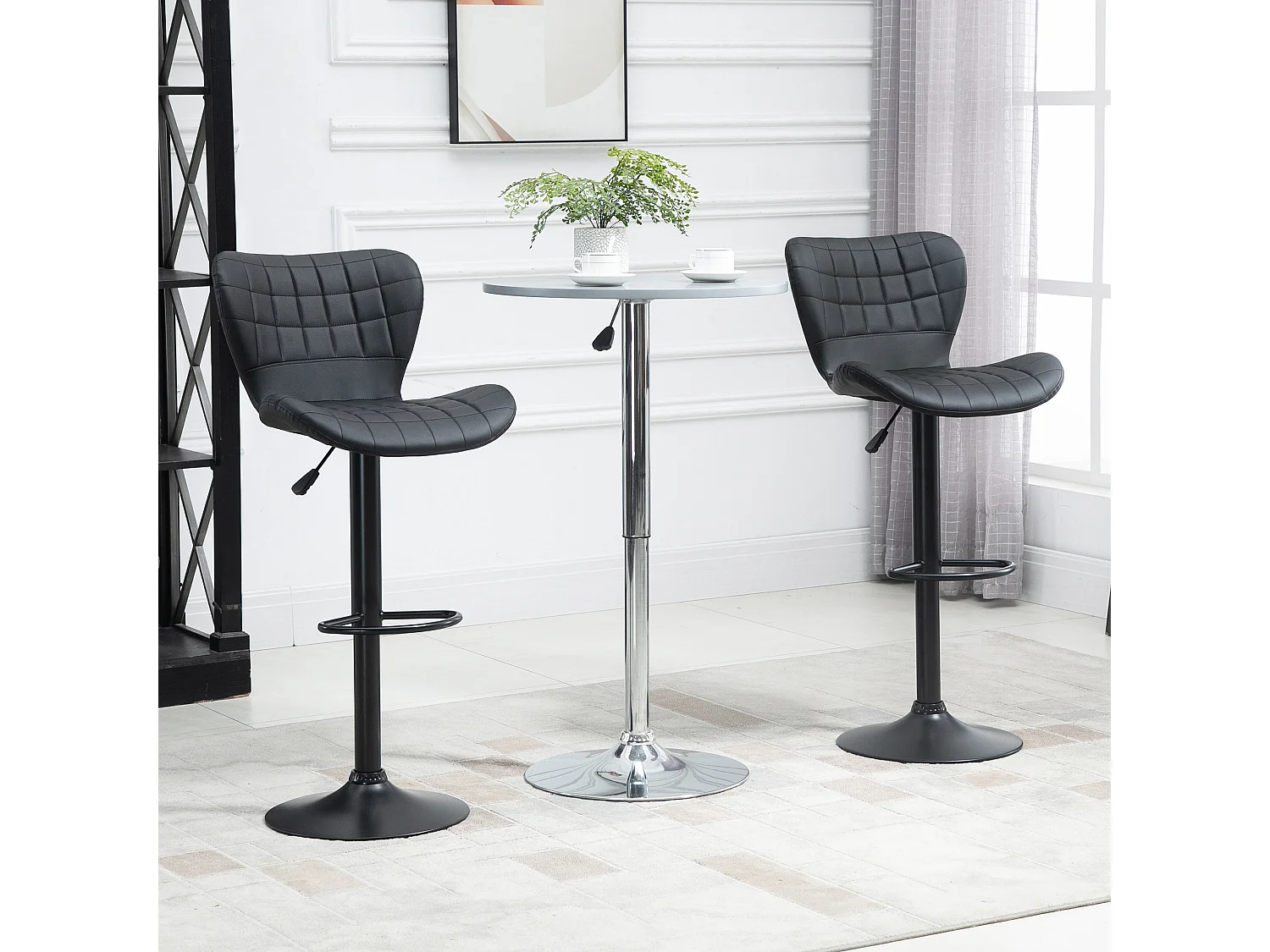 Bancos altos ajustáveis de 2 peças em couro sintético preto, giratórios, estilo retrô, com encosto 47x51,5x89-109 cm