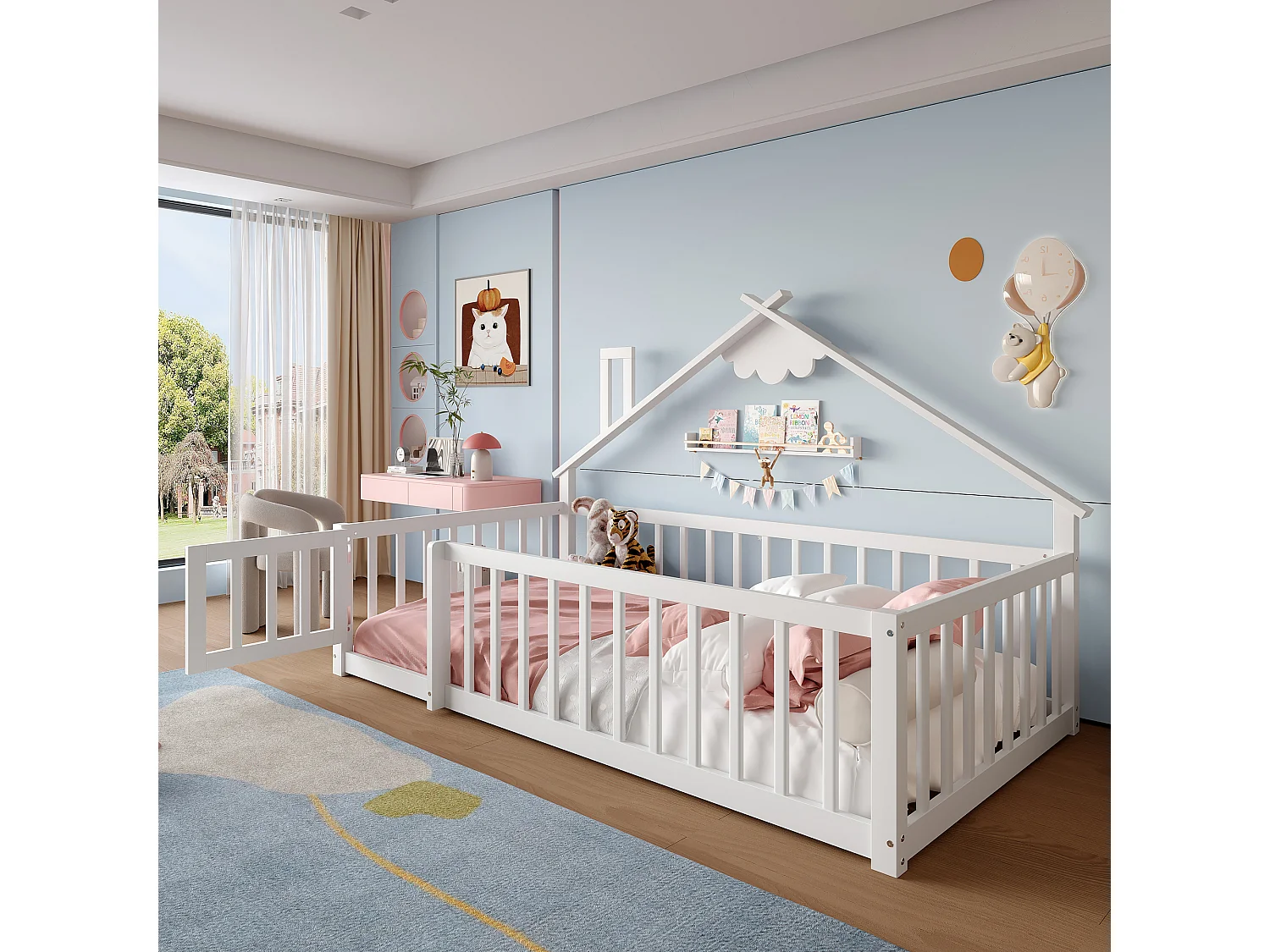 Cama infantil de 90x190 cm en madera maciza con barandilla blanca de seguridad.