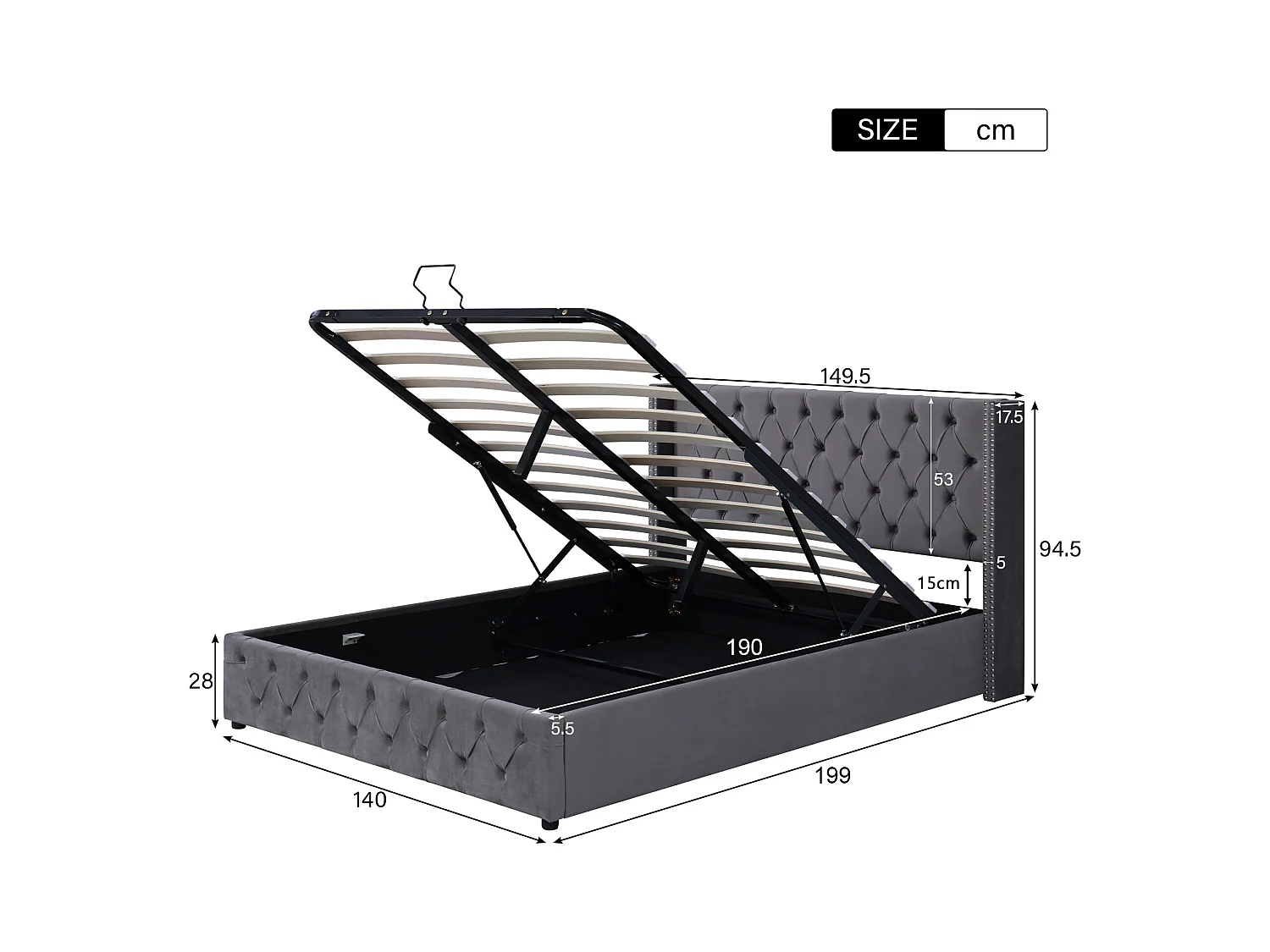 Lit double 140x190 en flanelle gris, lit rembourré oreille con coffre hydraulique et sommier à lattes