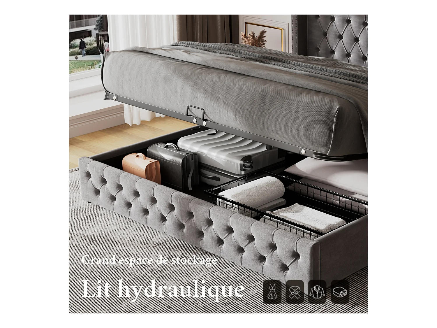 Lit double 140x190 en flanelle gris, lit rembourré oreille con coffre hydraulique et sommier à lattes