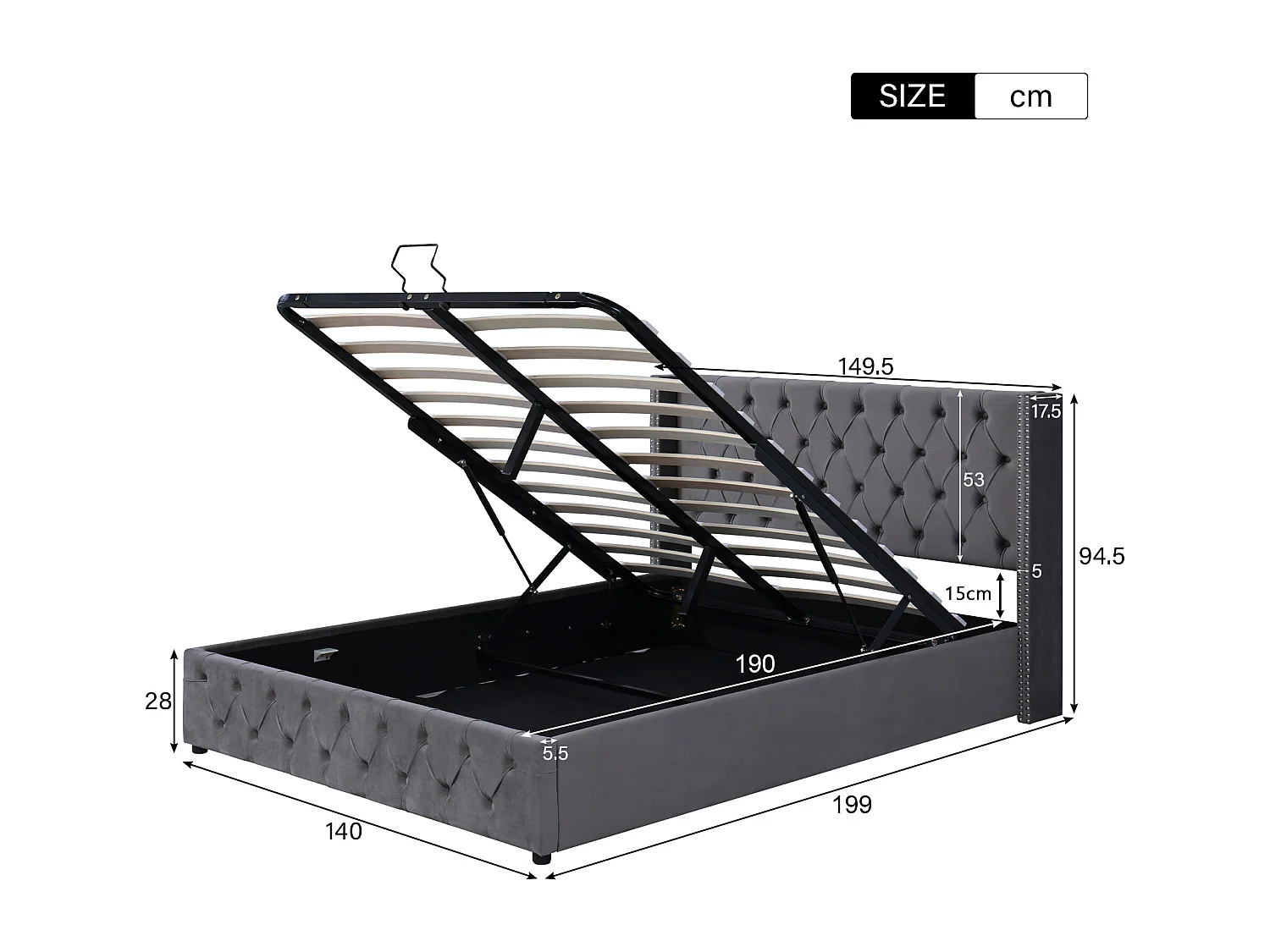 Lit double 140x190 en flanelle gris, lit rembourré oreille con coffre hydraulique et sommier à lattes