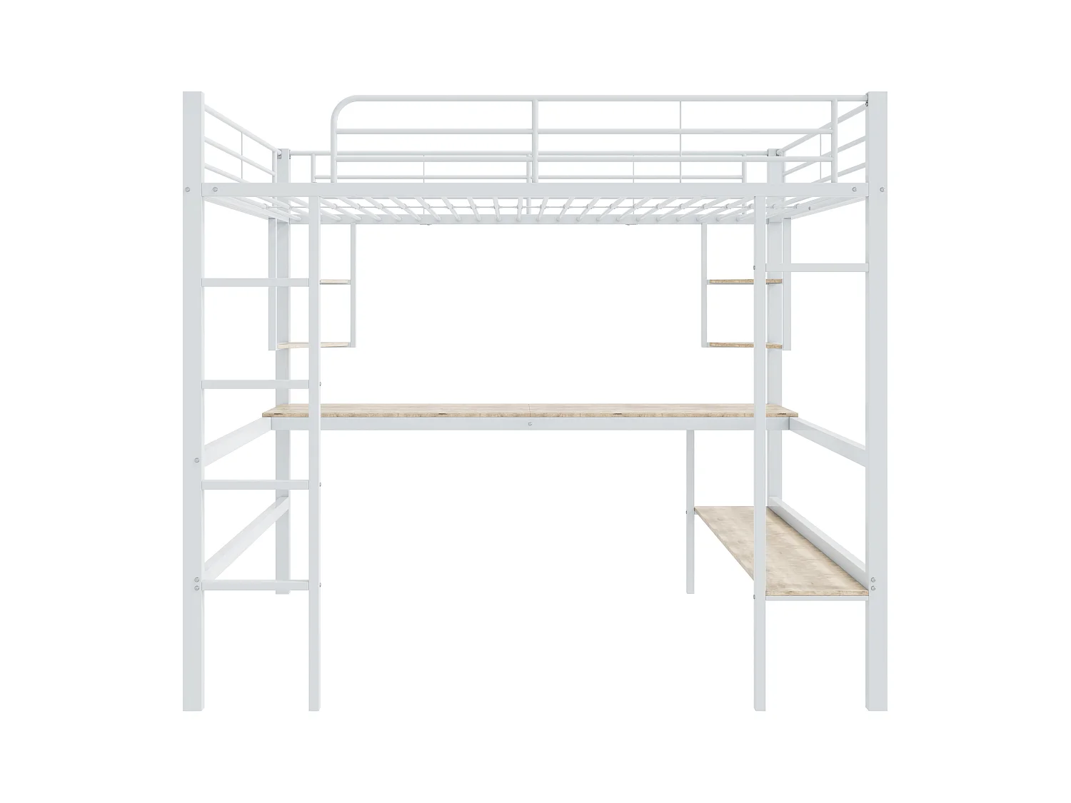 Cama alta de metal de 140x200 cm con escritorio, estantes y librería, color blanco, para niños y adolescentes