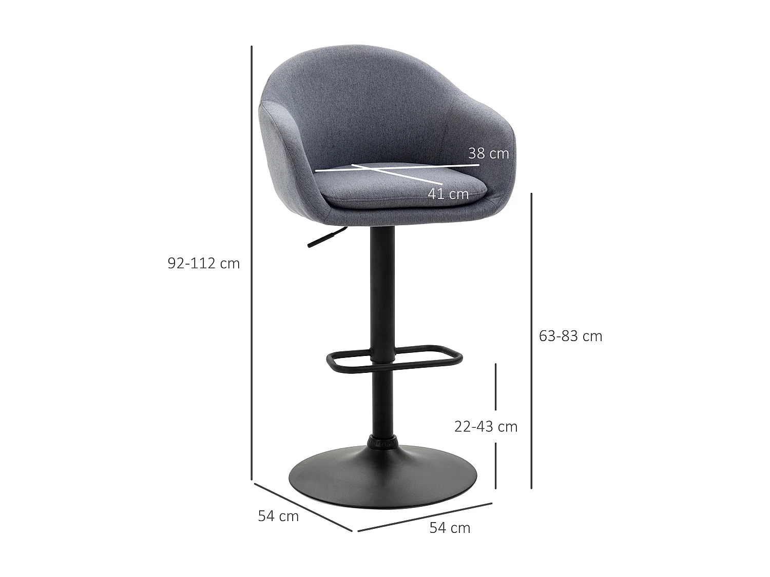 Banco alto ajustável em altura com encosto giratório e apoio para os pés em tecido cinza com efeito linho 54x54x112 cm