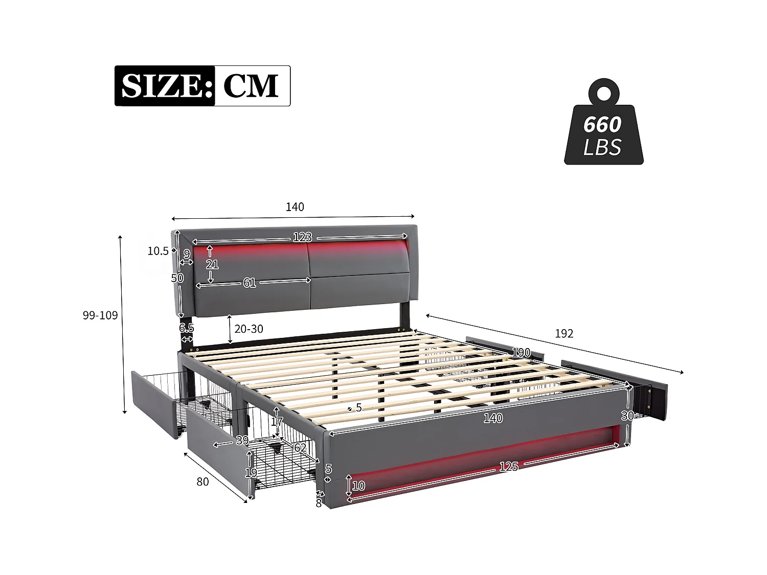 Cama tapizada 140x190 PU gris con LED, puerto USB y 4 prácticos cajones de almacenaje