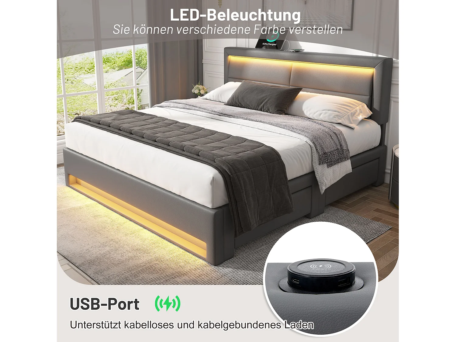 Cama tapizada 140x190 PU gris con LED, puerto USB y 4 prácticos cajones de almacenaje