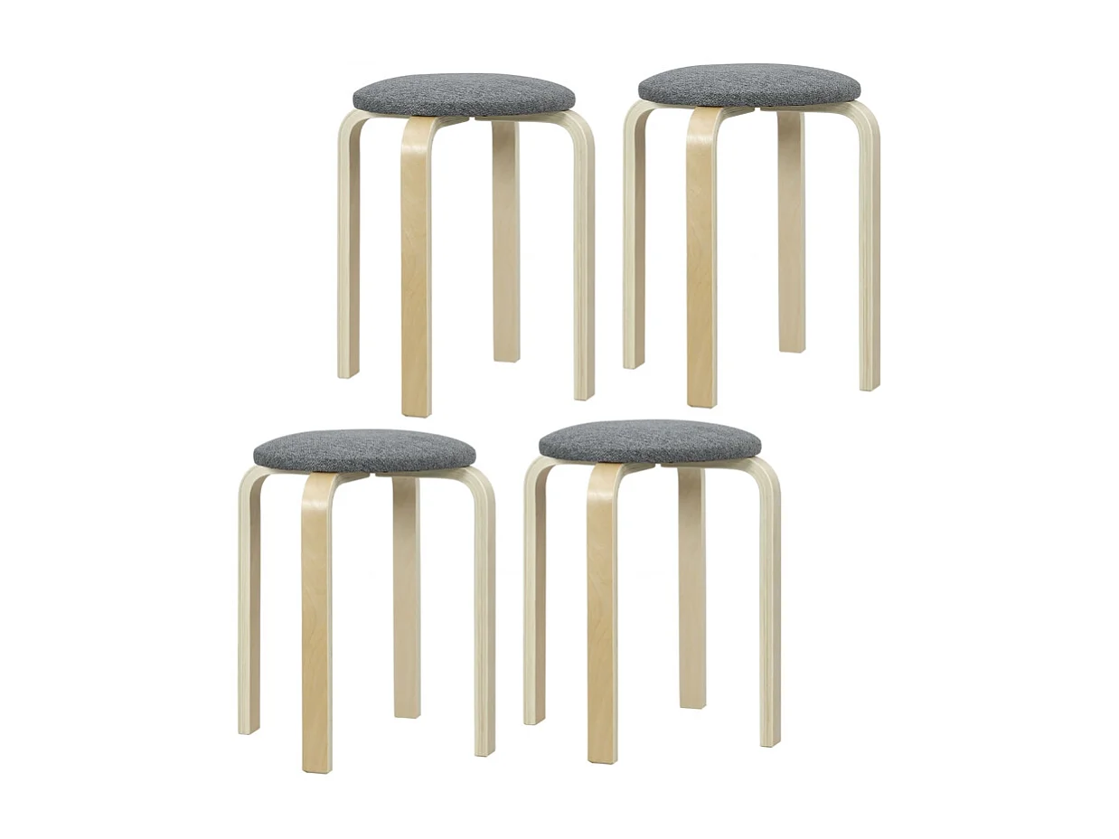 Set 4 tabourets empilables bois effet lin chaise ronde kitchen salon gris 40x40x45 cm