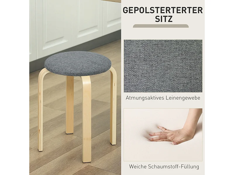 Set 4 tabourets empilables bois effet lin chaise ronde kitchen salon gris 40x40x45 cm