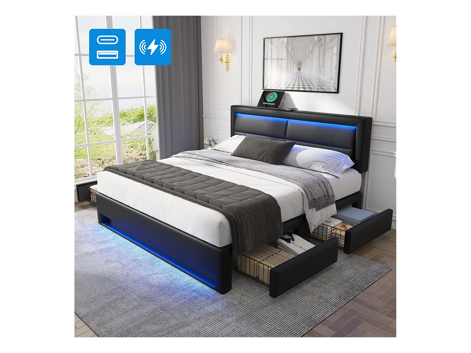 Lit capitonné 140x190 cm PU avec LED, ports USB, 4 tiroirs, rangement chambre noir