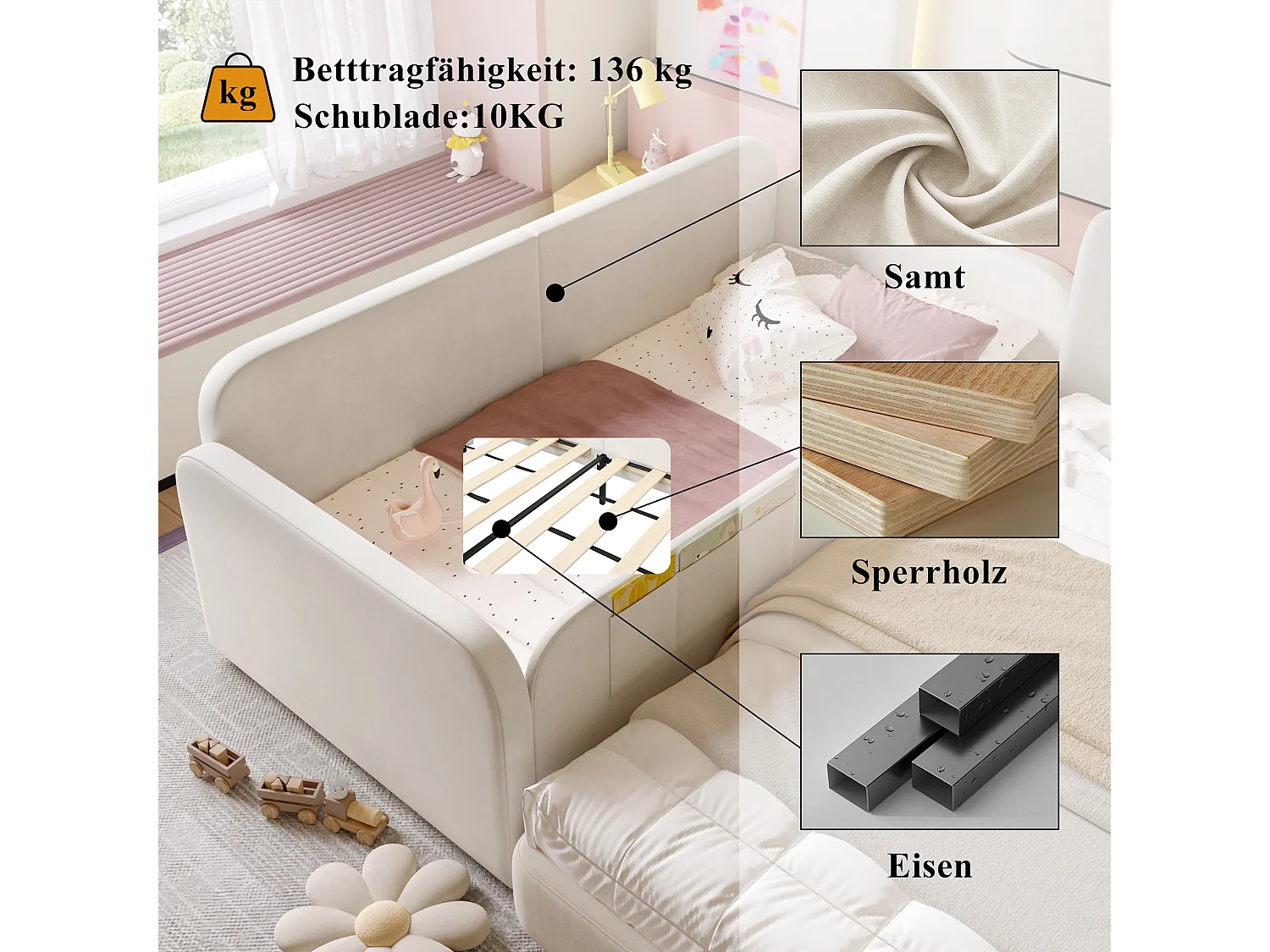 Lit enfant 90x200 cm velours blanc avec tiroirs, rangement latéral et cadre métal