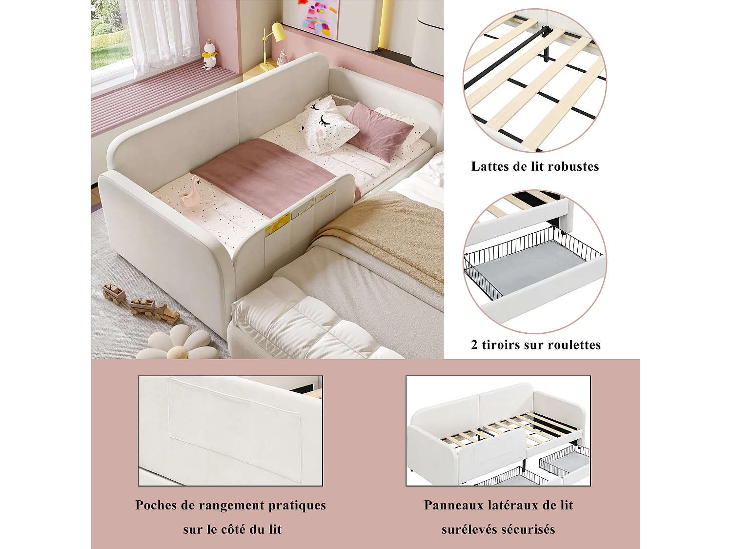 Lit enfant 90x200 cm velours blanc avec tiroirs, rangement latéral et cadre métal
