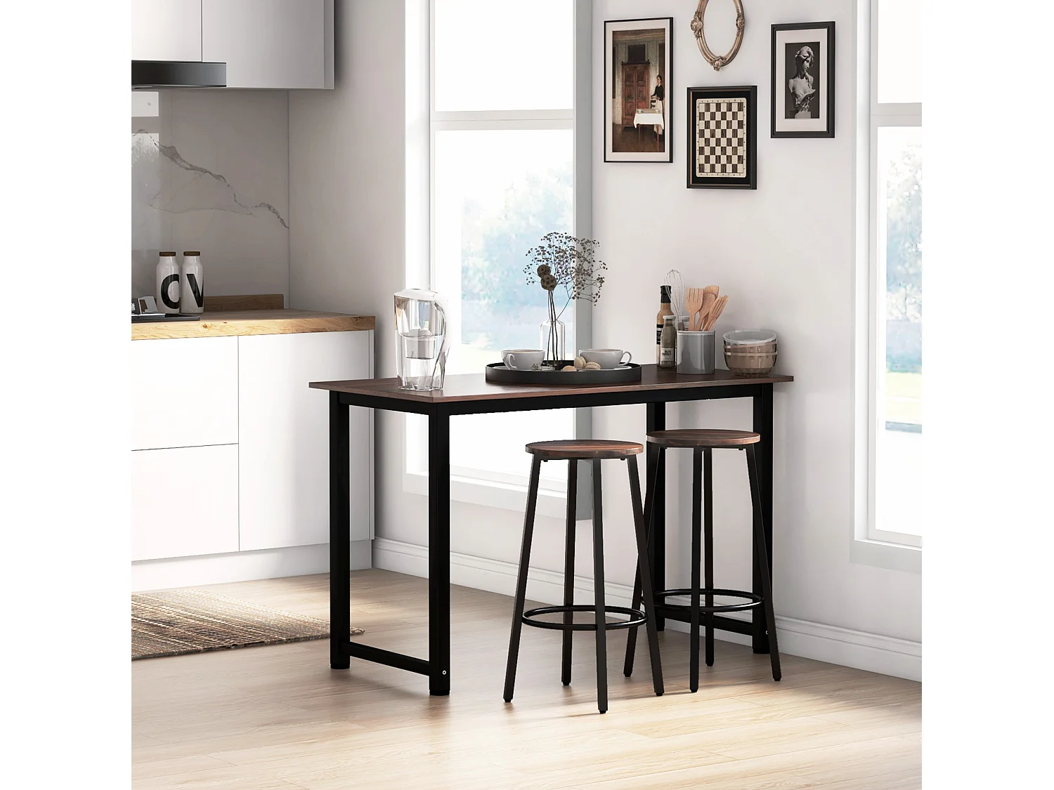 Conjunto de 2 taburetes de bar industriales de madera y metal con reposapiés para cocina 42x42x65 cm marrón