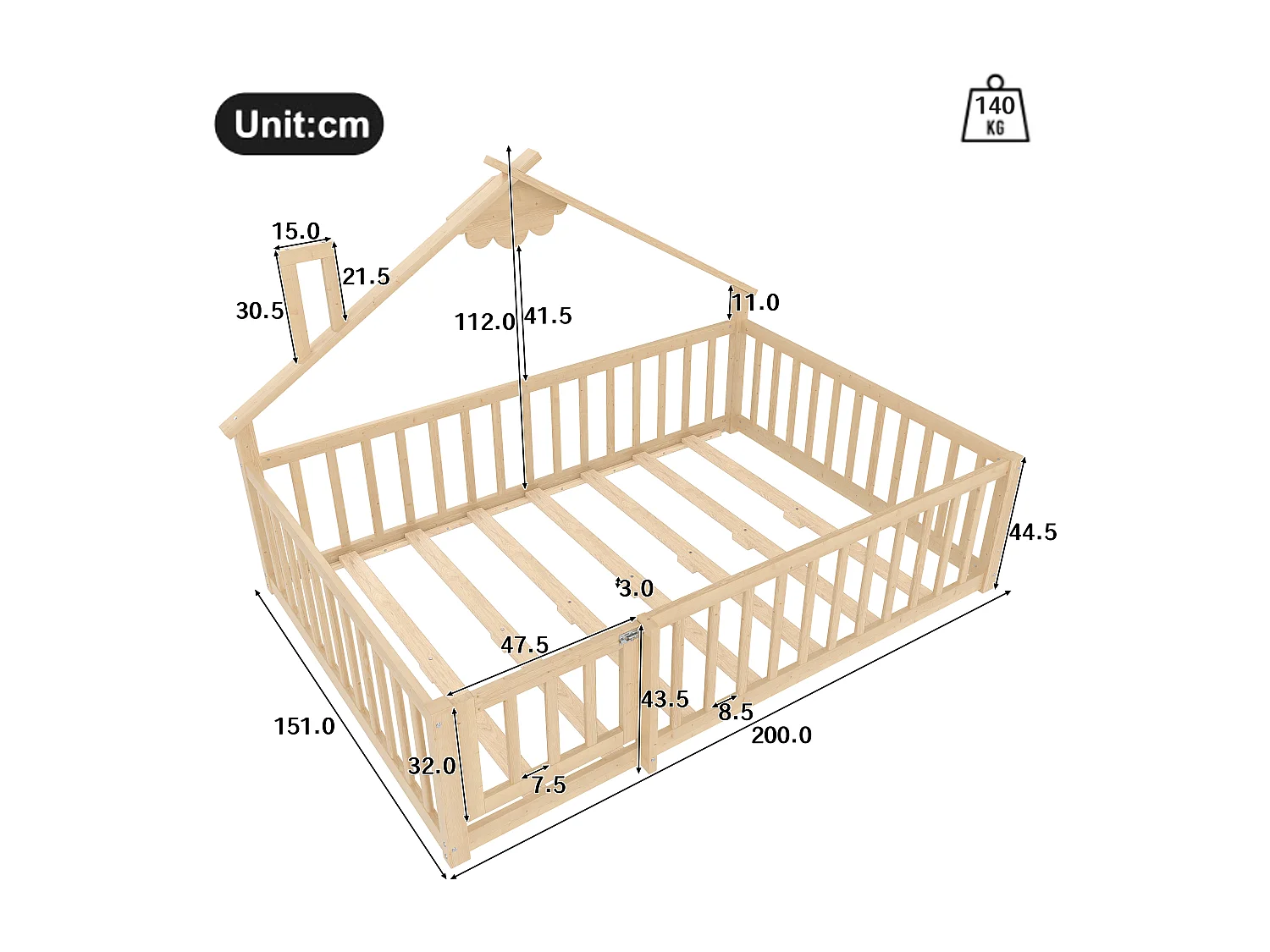 Cama infantil 140x190 cm em madeira maciça com grade de segurança natural