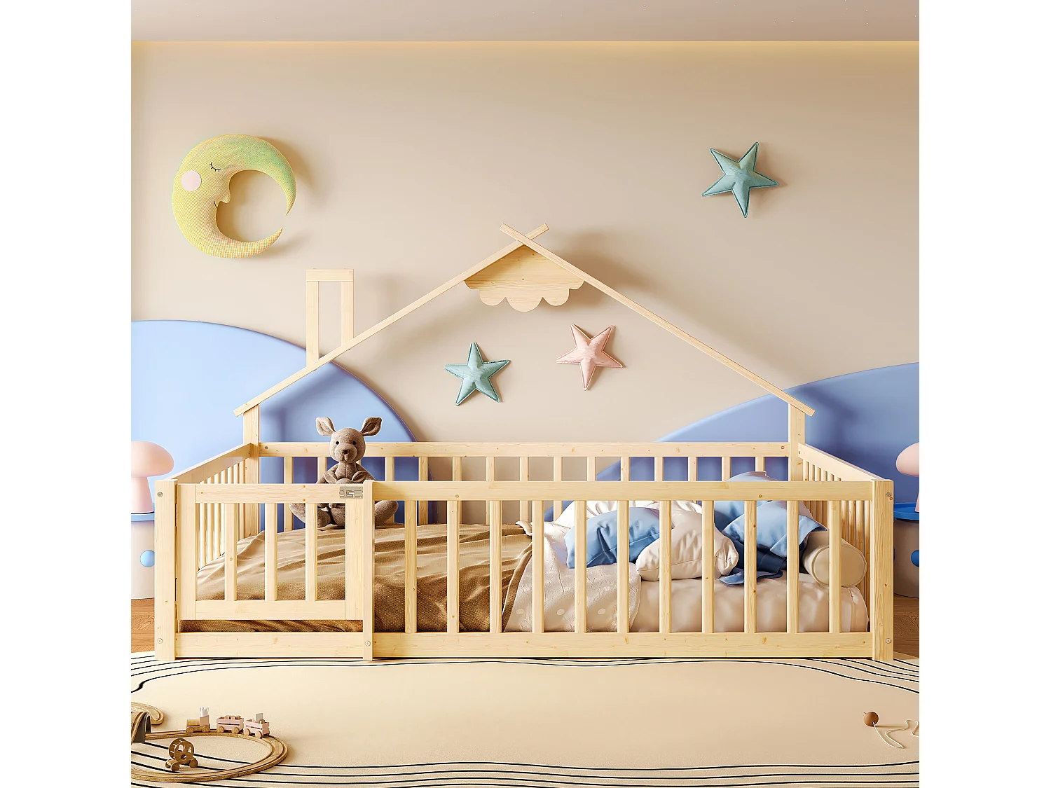 Cama infantil 140x190 cm em madeira maciça com grade de segurança natural