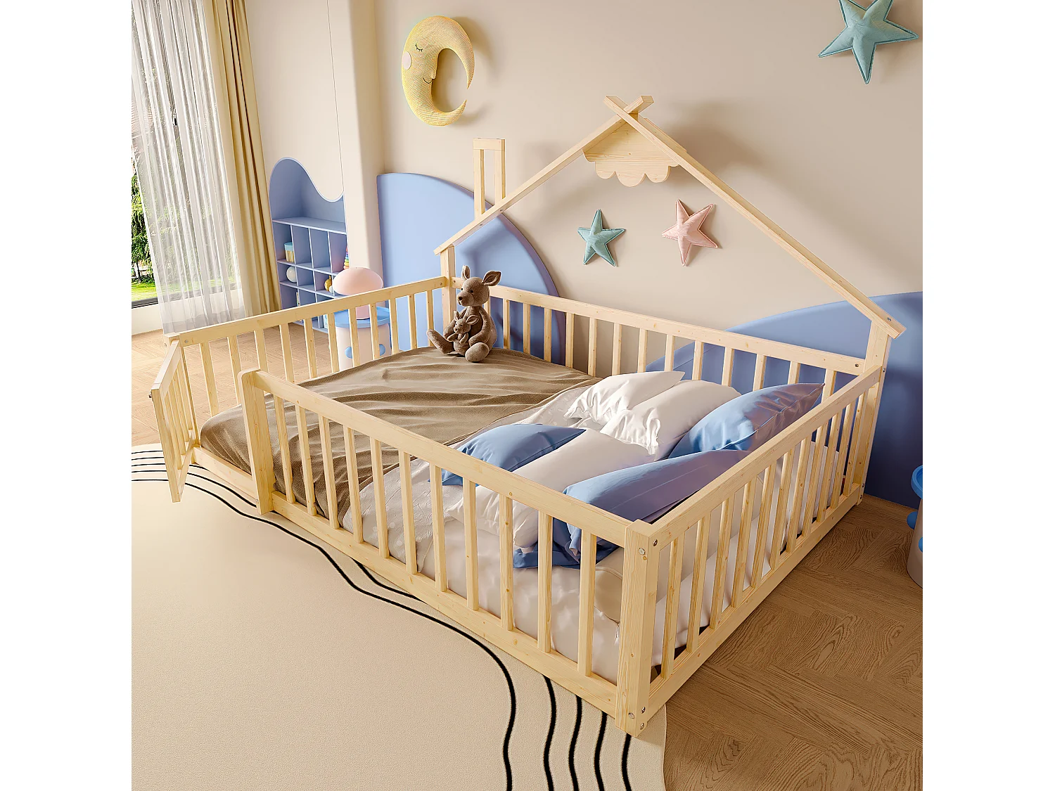 Cama infantil 140x190 cm em madeira maciça com grade de segurança natural
