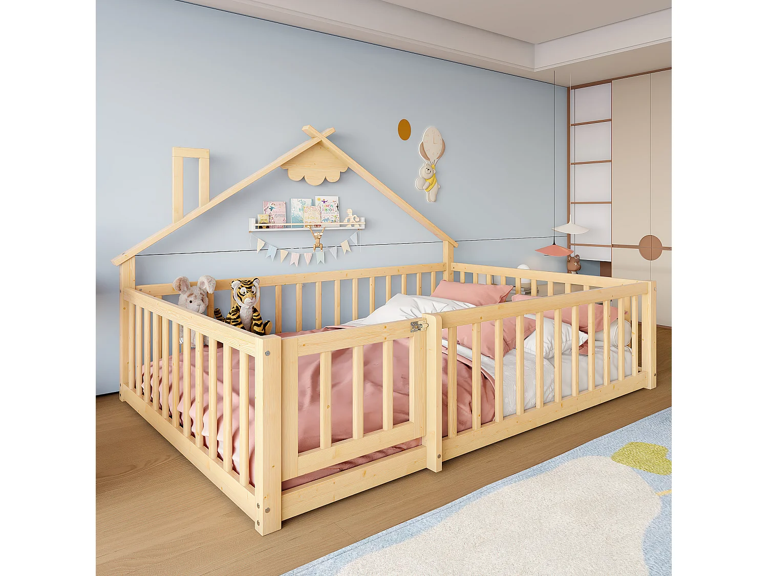 Cama infantil 140x190 cm em madeira maciça com grade de segurança natural