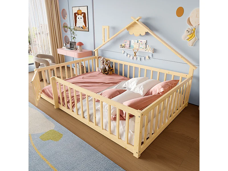 Cama infantil 140x190 cm em madeira maciça com grade de segurança natural
