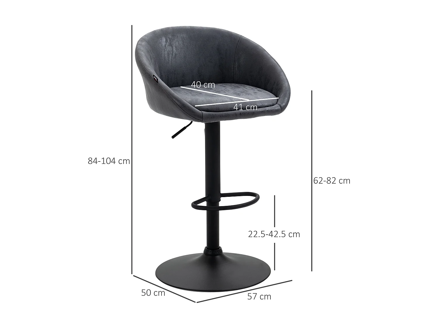 Bancos altos ajustáveis de 2 peças, bancos giratórios em couro sintético com braços e encosto cinza escuro 57x50x84-104cm