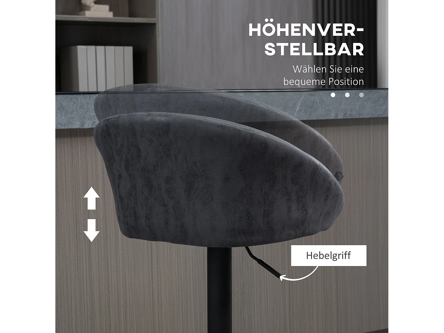 Bancos altos ajustáveis de 2 peças, bancos giratórios em couro sintético com braços e encosto cinza escuro 57x50x84-104cm