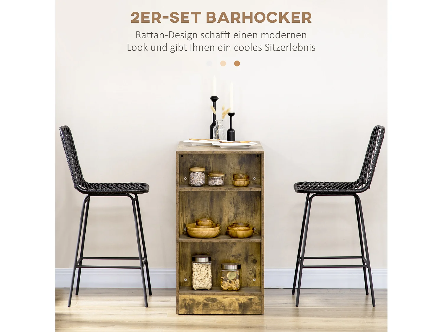 Lotto 2 tabourets de bar en rotin synthétique avec pieds acier, dossier et repose-pieds noir 42,5x52x102 cm