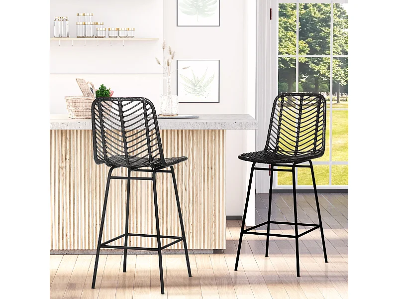 Conjunto de 2 bancos altos em rattan sintético com pernas de aço, encosto e apoio para os pés preto 42,5x52x102 cm