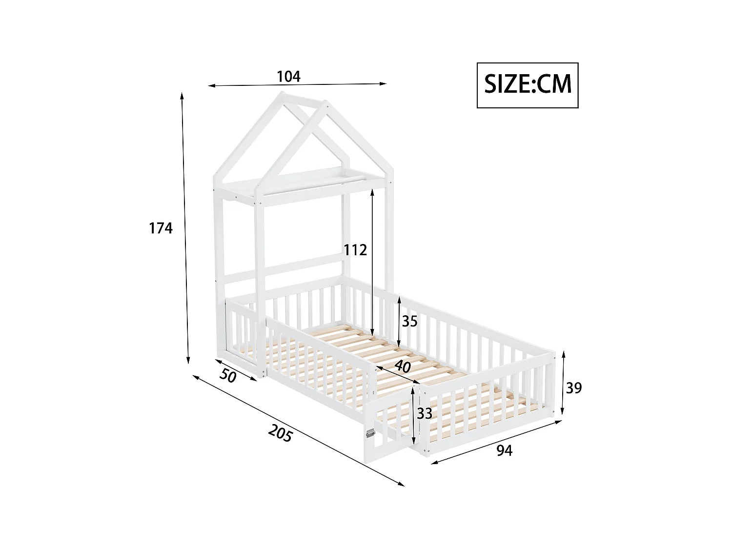 Cama infantil 90x200 de madera maciza con almacenaje y barreras de seguridad color blanco