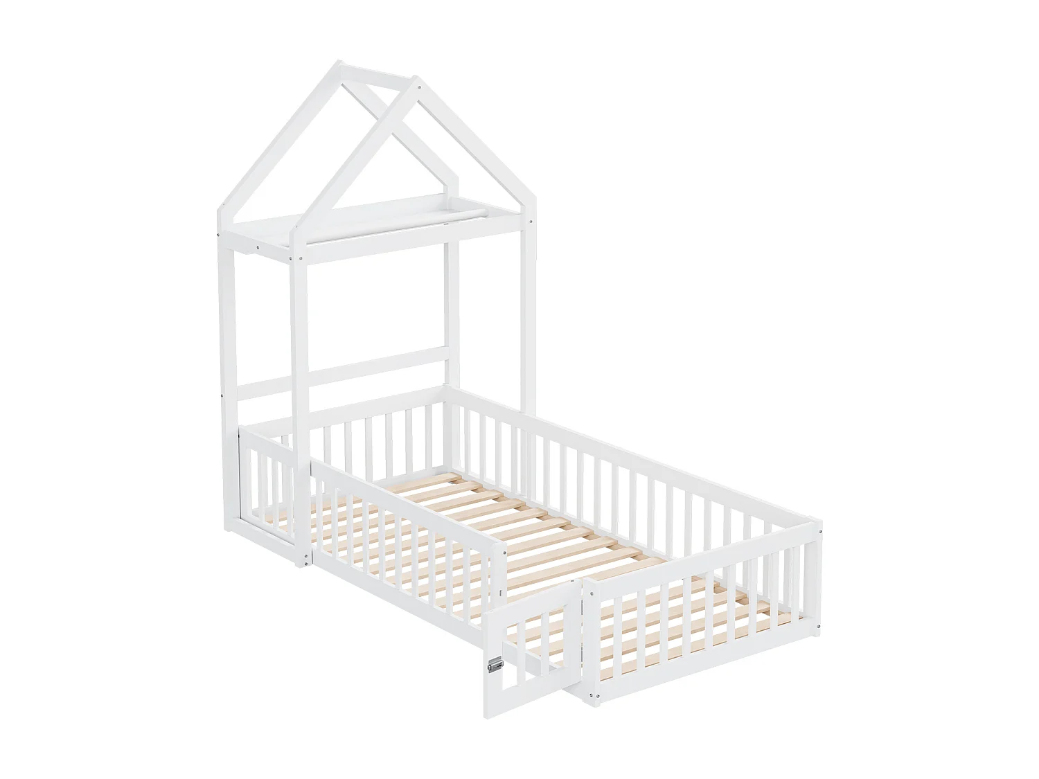 Cama infantil 90x200 de madera maciza con almacenaje y barreras de seguridad color blanco