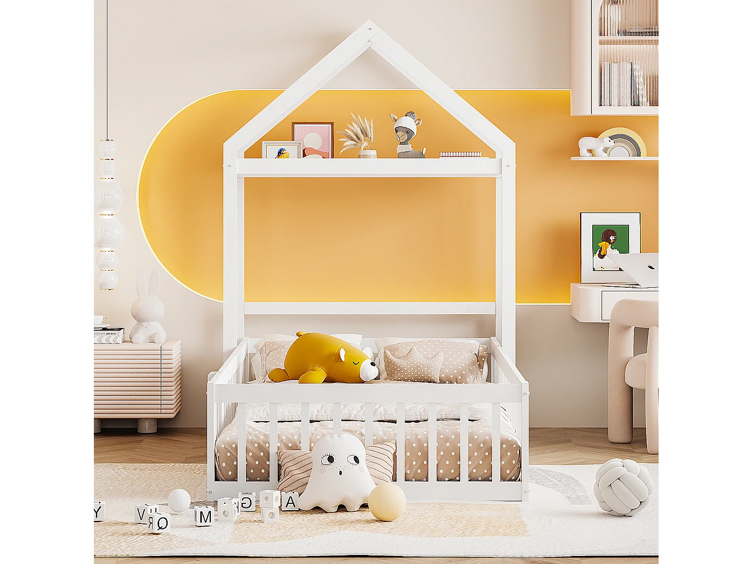 Cama infantil 90x200 madeira maciça com arrumação e barreiras de segurança branca