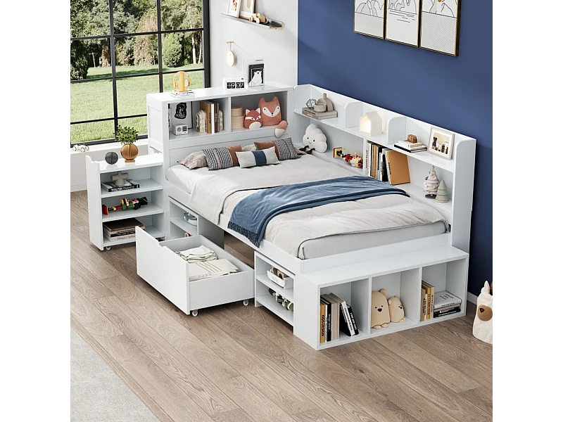 Lit enfant 90x200 cm bois avec tiroirs, étagères et rangement multifunzione, bianco