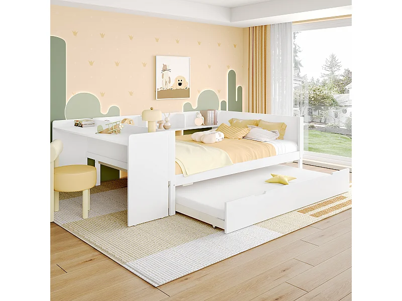 Cama infantil 140x200 cm madera con escritorio y cama nido blanca